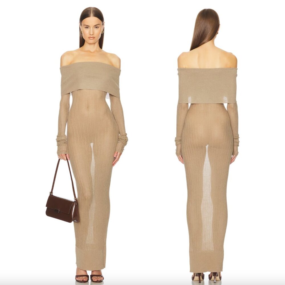 NEW Helsa Justin Maxi Dress in Beige Tan Brown Sheer Long Sleeve Cold Shoulder